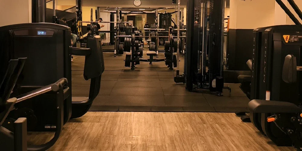 Sala de musculação do Solinca Coimbra com equipamentos para treinar pernas, costas e zona de pesos livres